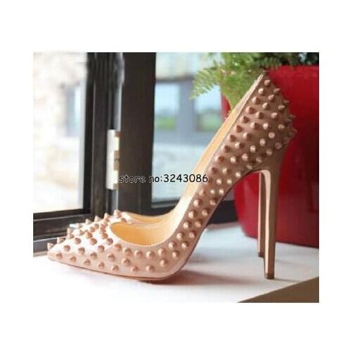 Pointed Toe Nude Patent Leather Rivets Lady High Heels Shoes Sexy Women Metal Studs Pumps Stiletto Dress Shoes Single Shoes