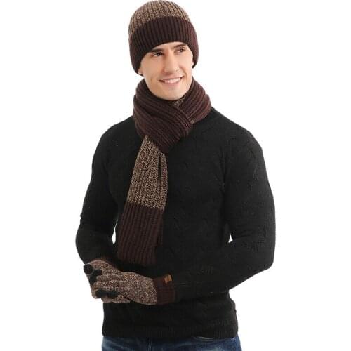 Winter Beanie Hat Scarf Gloves Three-piece Set Women Men Touch Screen Gloves Outdoor Warm Velvet Knitted Unisex Beanie Hats Sets