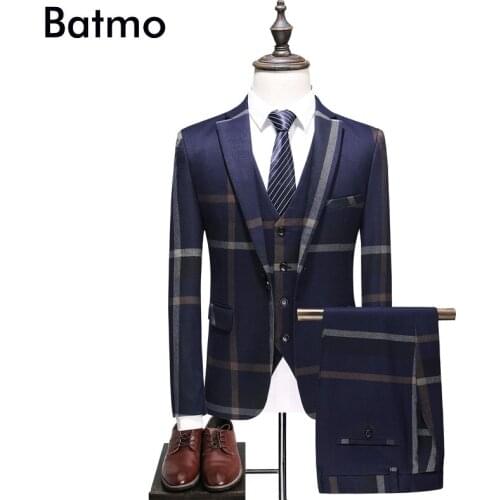 Batmo 2019 new arrival high quality plaid Single Breasted navy blue casual suits men,mens wedding dress,plus-size S-5XL 6130
