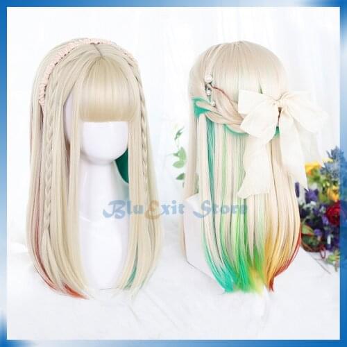 Highlight Green Yellow Red Lolita Wig Harajuku Fairy Cosplay Bangs Pale Blonde Straight Sweet Adult Girls Hair