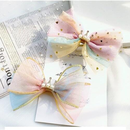 Boutique 10pcs Fashion Glitter Rhinestone Tiaras Gradient Gauze Bow Hairpins Pearl Crown Bowknot Hair Clips Princess Headwear