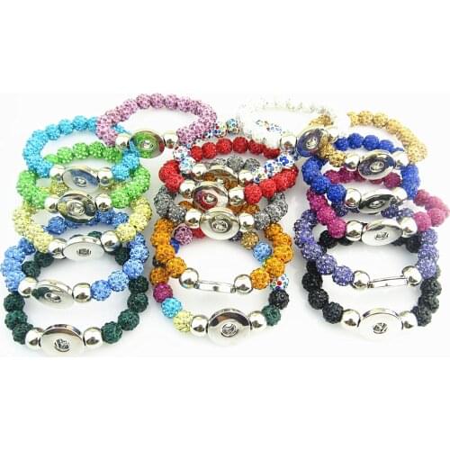 17pcs/lot Handmade Elastic Bracelet mix color rhinestone Beads Snap Button Bracelet For Snaps Jewelry Fit 18mm snap charm
