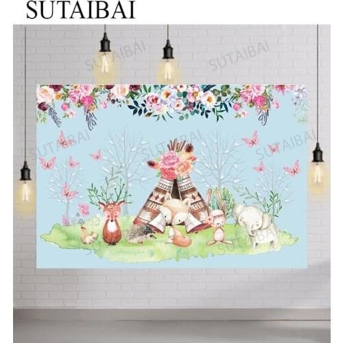 Safari Party Backdrops Watercolor Jungle Animals Flowers Tent Newborn Baby Birthday Customized Photography Backgrounds Photozone