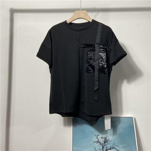 Summer fashion mens chest ribbon large pocket round neck short sleeve T-shirt hip hop loose black personalized original T-shirt