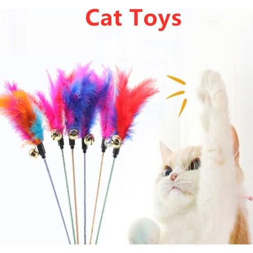 Pet Toys Make A Cat Stick Feather With Small Bell Natural Like Birds Random Color Black Colorful Pole Cats Dog Toy