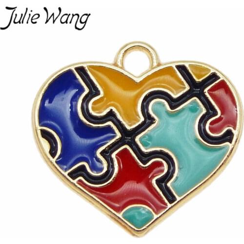 Julie Wang 3PCS Enamel Autism Awareness Jigsaw Puzzle Charms Gold Tone Necklace Bracelet Earrings Jewelry Making Accessory