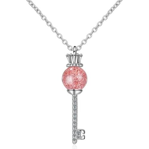 KOFSAC Popular Silver 925 Chain Necklaces For Women Jewelry Luxury Pink Crystal Crown Key Pendant Necklace Girl Birthday Gifts