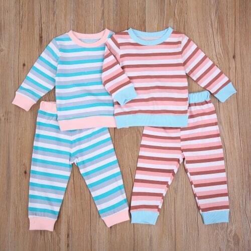 New Born Girls Boys 2-piece Set Babys Stripe Print Long Sleeve Crew Neck Top Elastic Waist Long Trousers