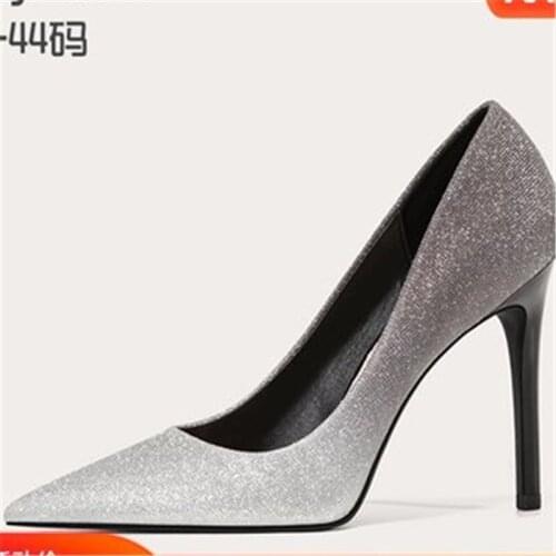 Small pointed-toe stilettos spring 2021 sequined bridal wedding shoes large size shallow mouth party dress womens single shoes