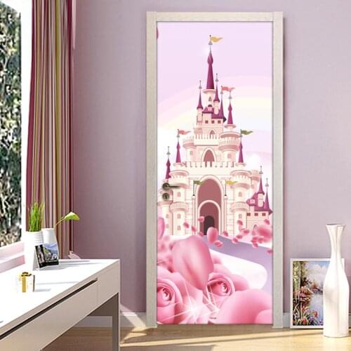 Cartoon Castle Pink Princess Room Girls Bedroom Door Sticker Mural Wallpaper PVC Waterproof Self-adhesive Papel De Parede 3D