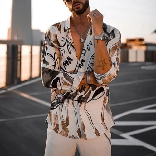 2021 Mens Designer Shirts Streetwear Fashion Ink Printing Button Up Shirt Casual Regular Fit Lapel Hawaiian Long Sleeve Shirts