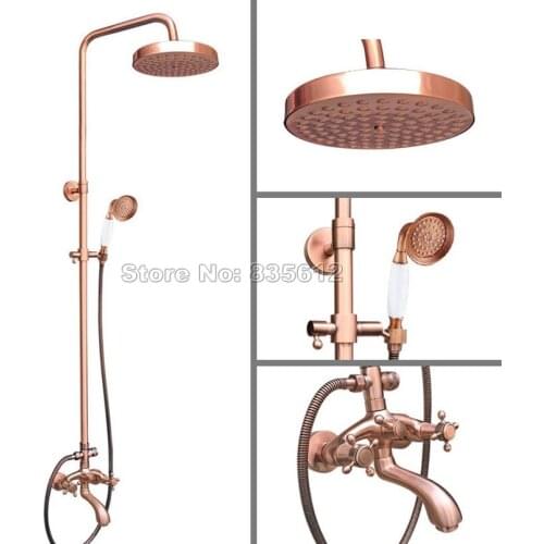 Bathroom Wall Mounted Antique Red Copper Rain Shower Faucet Set /Dual Cross Handles Bathtub Mixer Tap + Handheld Shower Wrg505