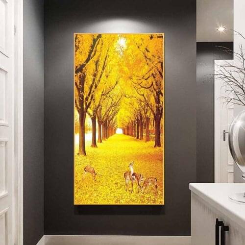 Autumn Landscape Canvas Painting Yellow Tree Deers Wall Art Poster and Print Modern Picture Cuadros Living Room Gallery Decor
