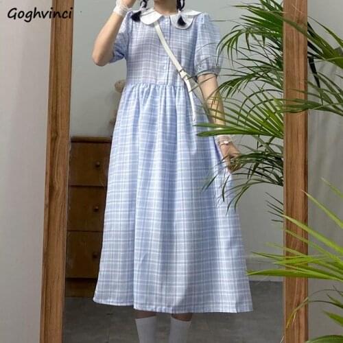 Dress Women Kawaii Blue Plaid Maiden Prairie Chic Peter Pan Collar Sweet Girls Buttons Harajuku Summer Party Holiday Students