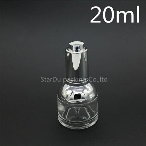 20ml transparent glass bottle with silver shoulder silver collar for oil/essence/serum/liquid/skin care dropper bottle 100pcs