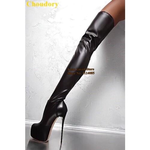 Choudory 16cm High Heel Over-the-knee Platform Boots Black Matte Leather Thigh High Sexy Tall Boots Nightclub Dress Shoes Size47