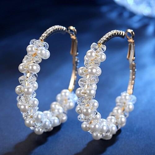 NINEJIZZ Pearl Hoop Earrings For Women Elegant White Pearl Round Fashion Big Circle Hoops Statement Geometric Earrings Jewelry