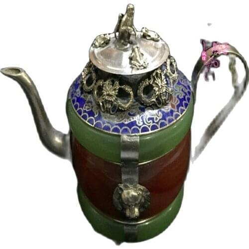 Antique white copper seedling silver imitation Jasper green jade agate water pot teapot wine pot furniture ornament monkey