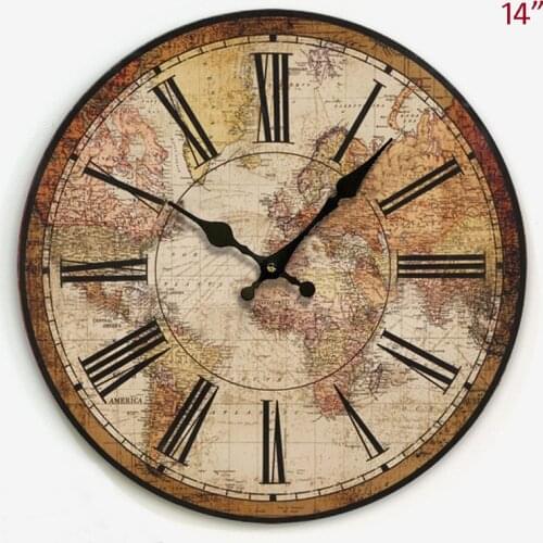 Amercian Country Style Antique World Map Design Home Decor 14 inches Round MDF Wall Clock