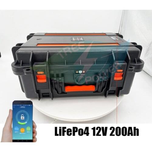 Waterproof Case 12v 200Ah lifepo4 Battery 12.8v with BT BMS for solar RV Car Golf catamaran Yachting sailing ship + 20A charger