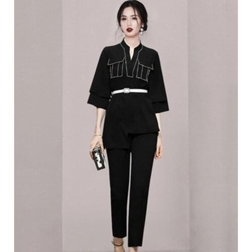 ZAWFL High Quality 2021 Woman Sets Two Piece Outfits Matching Pants Black Casual Nail Drill Office Elastic Waist Suit