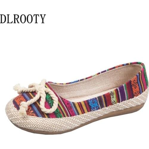 Women Flats Shoes Loafers Shallow National Style Hemp Canvas Summer Autumn Fashion Round Toe Platform Casual Butterfly-knot