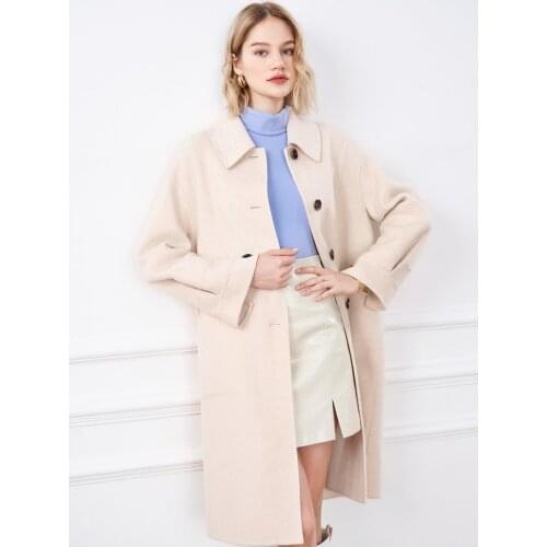 Womens Clothing 2021 Winter New Beige Lapel Medium Length Wool Coat Tweed Coat