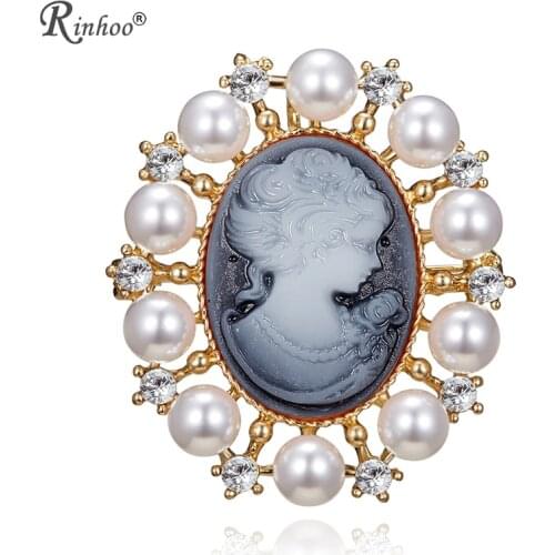 RINHOO Antique Gold Color Vintage Simulated Pearl Brooch Pins Female Jewelry Queen Cameo Brooches Rhinestone For Women Christmas
