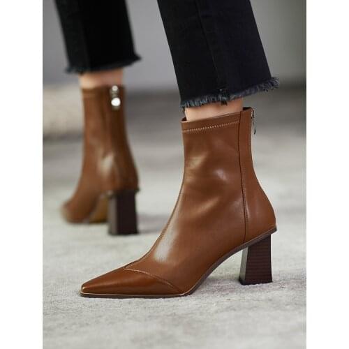 High heels womens autumn and winter thick with pointed toe 2021 new brown short boots plus velvet