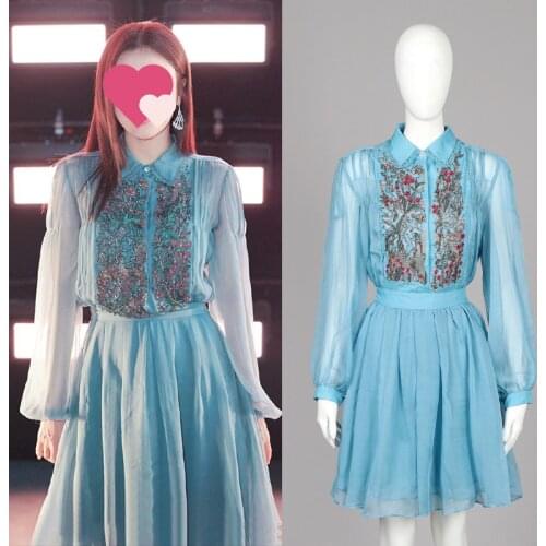2020 summer dress new Milan Fashion Qin LAN same blue chiffon embroidery super fairy French dress