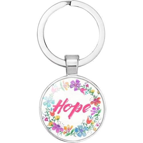10PC Hope Faith Dream Believe Keychain Love Flower Key Chain Handmade Round Photo 25mm Glass Cabochon Key Ring Holder Jewelry