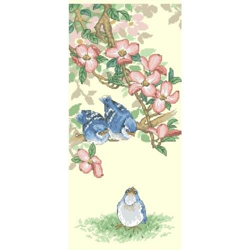 100% egypt COTTON beautiful lovely counted cross stitch kit baby blue jays jay three birds bird and flower dimensions 360-13728