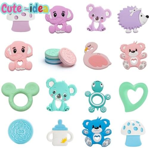 Cute-Idea 2Pcs Silicone Teether Cartoon Animal DIY Pacifier Chain clip Food Grade Teething Chewable Nursing Pendant BPA Free Toy