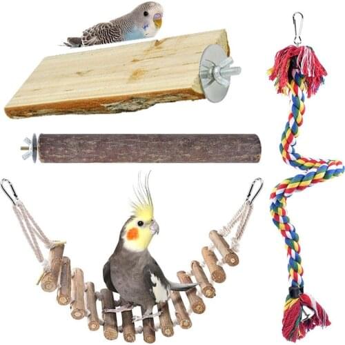 4PCS/Set Parrot Logs Stairs Climbing Ladder Wooden Bird Perches Platform Nibble Toy Parrot Mouse Rope Bridge Ladder Hamster Bird