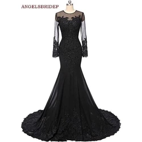ANGELSBRIDEP Black Long Sleeves Mermaid Prom Dresses Chiffon Vestidos de festa Formal Sheer Neck Evening Party Gowns