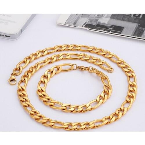 Best sale Gold Stainless Steel NK Link curb chain Necklace & Bracelet set 7mm 24''+8.5'' size Fashion gifts