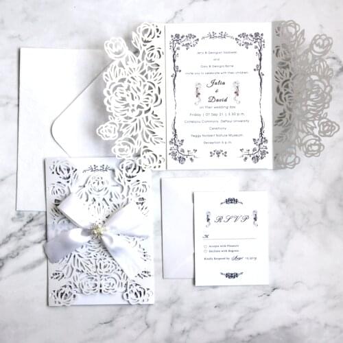 20pcs Elegant Rose Laser Cut Wedding Invitations Cards with Pearl ribbon Wedding Decor ation Party Supplies