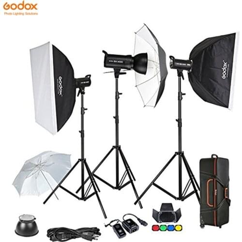 Godox SK400 3 x 400W Flash Kits for Photographic Lighting - Strobes Barn Doors Light Stands Triggers Umbrellas Soft Box Carrying