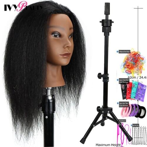 African Training Mannequin Head And Real Hair With Wig Stand Tipod Holder For Hairstyling Braiding Barber Hairdressing Doll Head