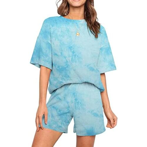 Fashion Homewear Sports Suit Tie-Dye Round Neck Ladies Shorts Suits Popular Gradient Short-Sleeved T-Shirt+High Waist Short