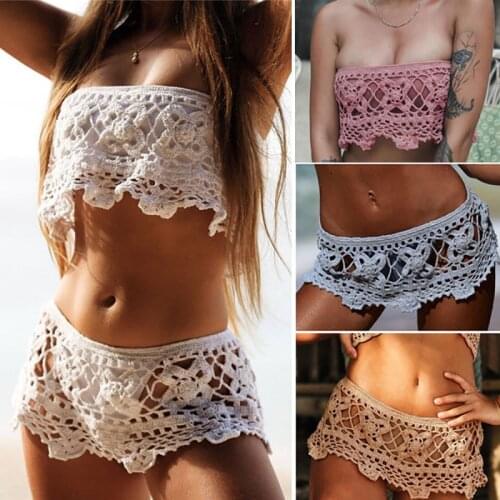 Women Crochet Bikini Crop Top Cover Up Sexy Hollow-Out Wrapped Chest Tube Top Blouse Short skirt Wrap Skirt Beachwear - Two Kind