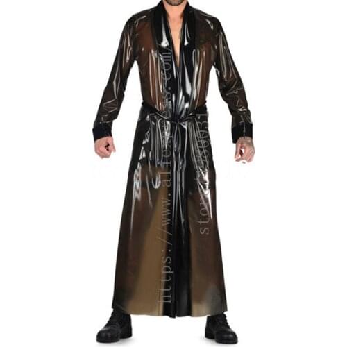 Cool costume long coat transparent black mens robe what is made of 100% natural latex materials