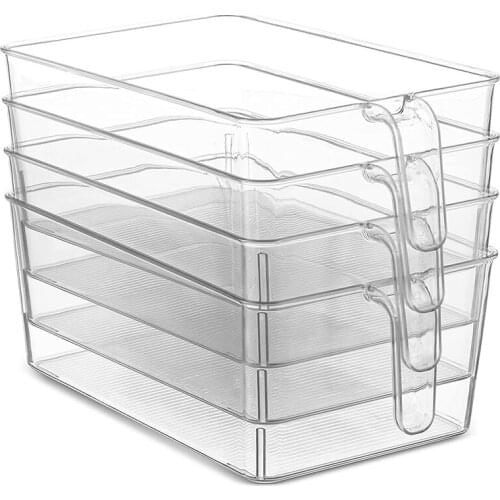 Set of 4 Clear Refrigerator Pantry Organizer Bins Household Plastic Food Storage Basket with Handles for Kitchen Rooms