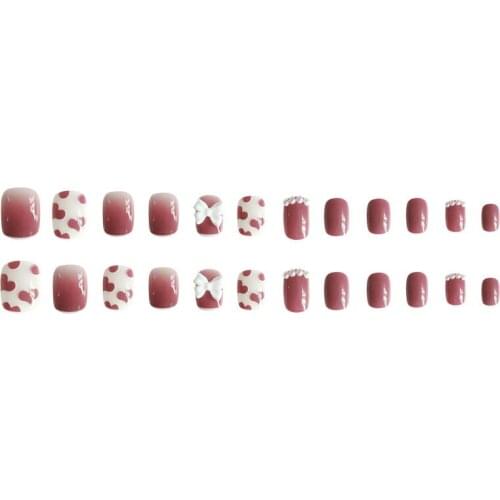 24Pcs/Set False Nails With Design Pink And White Love 3D Bow Pearl Print Nail Art Nails Accessories Fashion Manicure Sticker