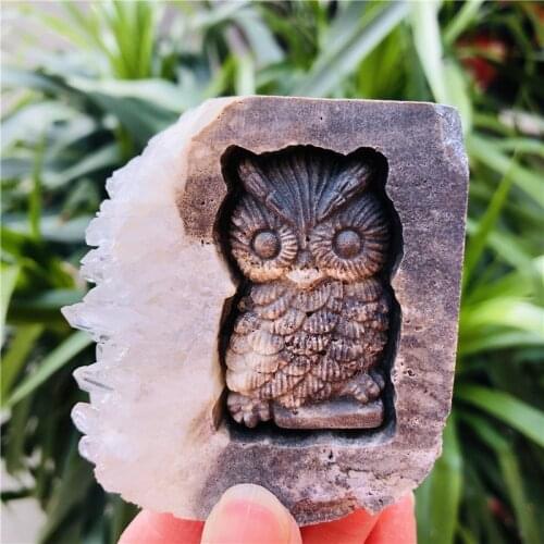Natural stone quartz mineral crystals cluster carved owl healing gemstones reiki home decoration
