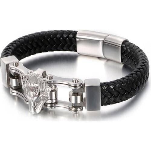 New Punk Gold Color Animal Genuine Leather Bracelets Men Female Stainless Steel Lion Wolf Bangle Wristband Male Jewelry