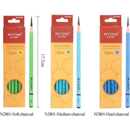 NYONI 2801 Black Sketch Charcoal Pencil 12pcs Soft/Medium/Hard Carbon Pencil Wood Charcoal Pencils For Drawing Tool Art Supplies