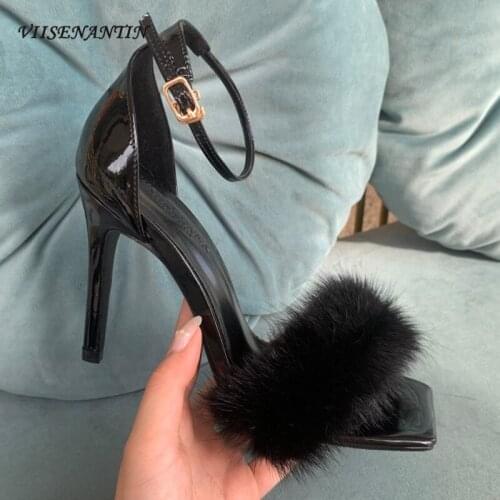 One Word with Mink Stiletto Heel Fairy Style Ladies Banquet Square Toe Bag with Heels Wrapped Around Hairy High-heeled Sandals