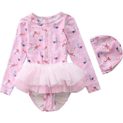 2-7 Years Girls Swimsuit One Piece Children Swimwear pink unicorn with hat 2021 New Arrival Fashional Swimsuits TB067