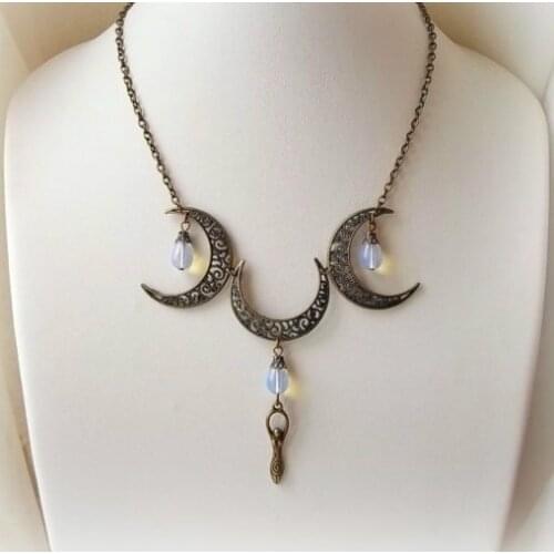 Bronze Pagan Moon Goddess Necklace Opalite Triple Moon Necklace Crescent Moon Necklace Wiccan Moon Necklace